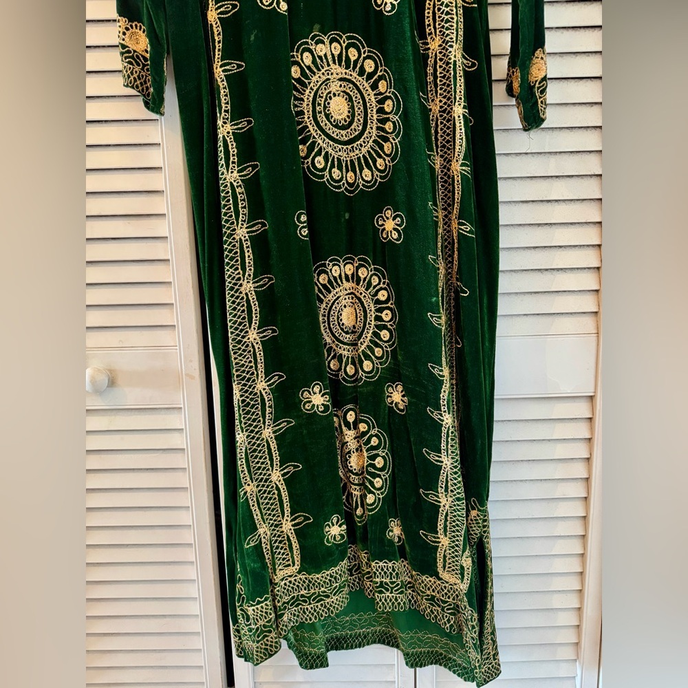 Vintage Elegant Indian Green Velvet Dress with Gold Detailing - Picture 2 of 12